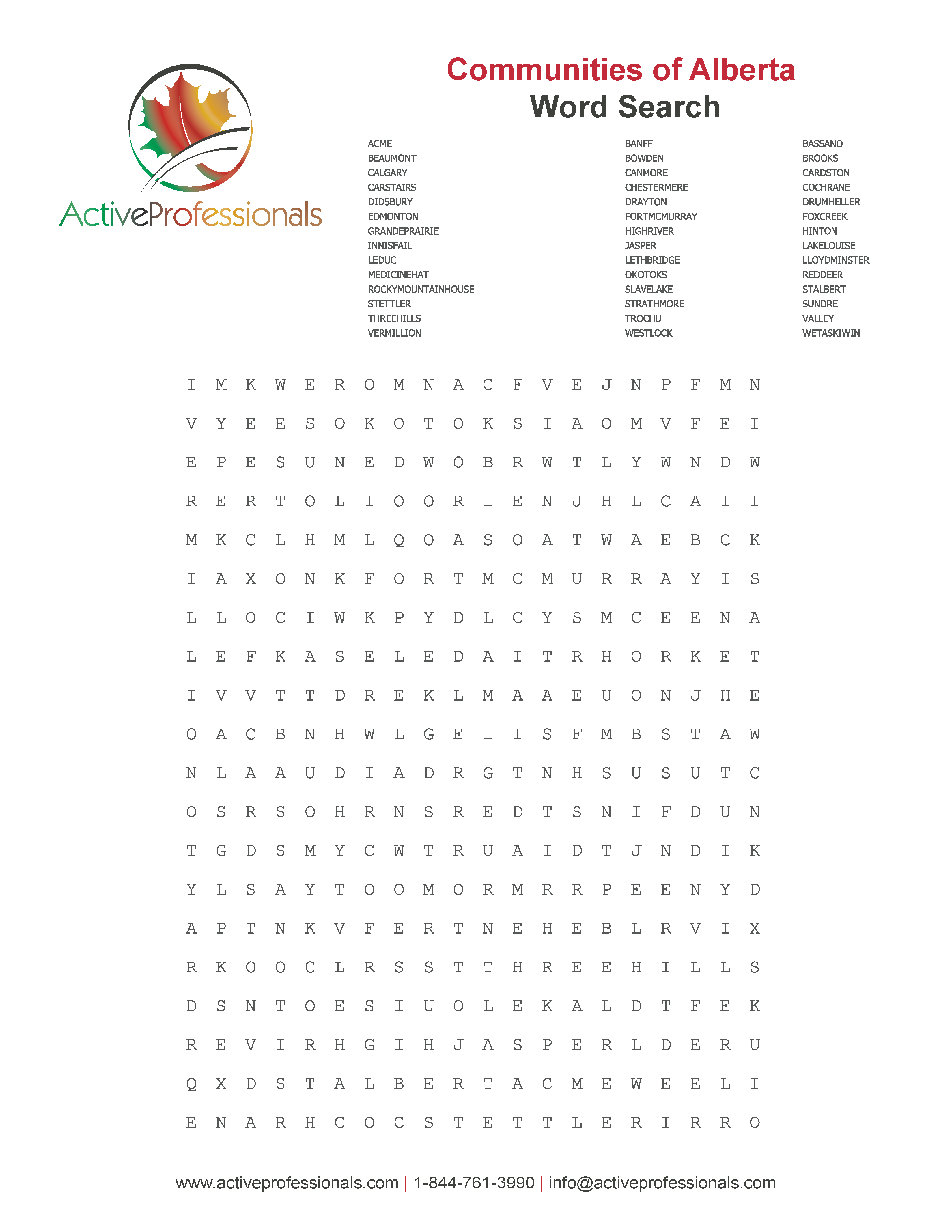 Alberta Communities Word Search