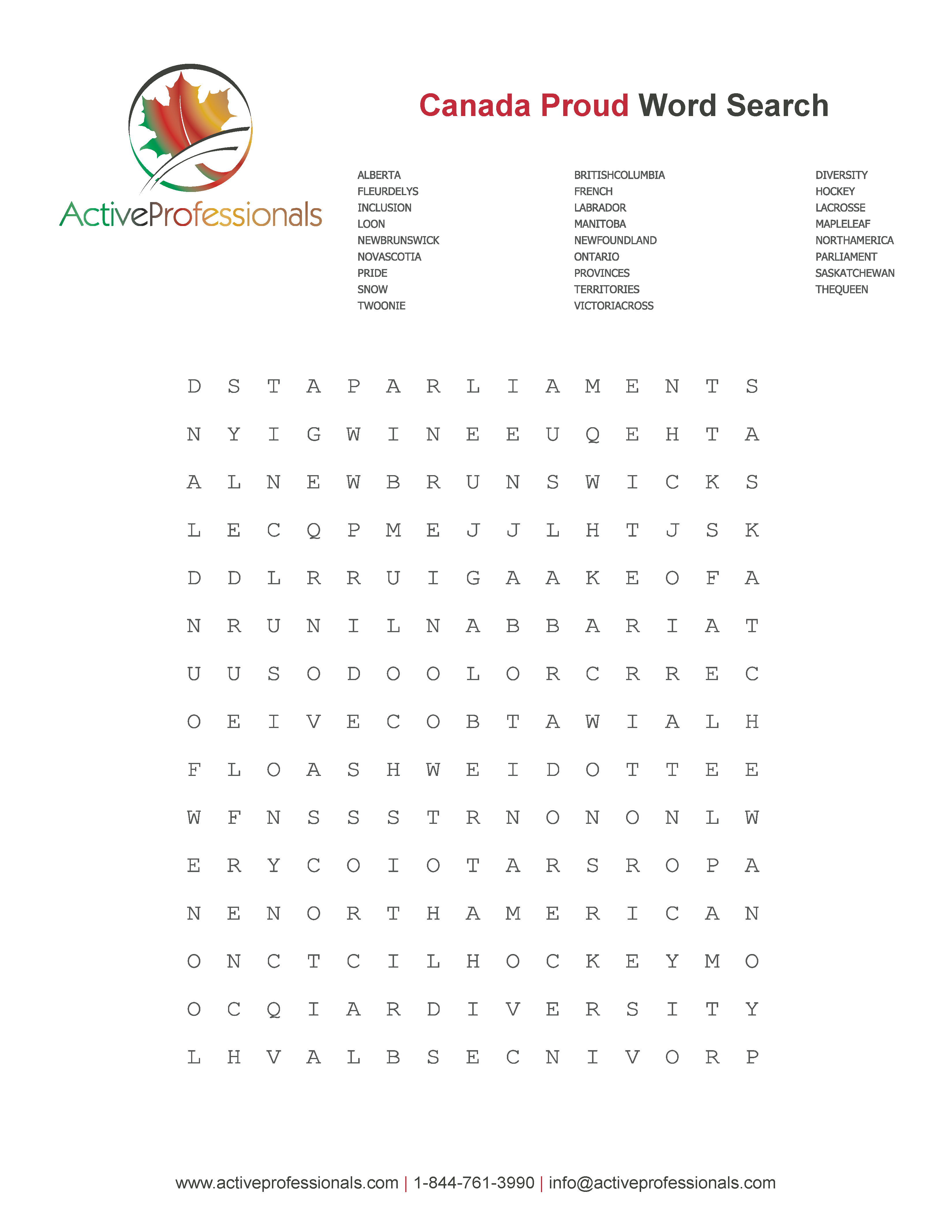 Canadian Pride Word Search