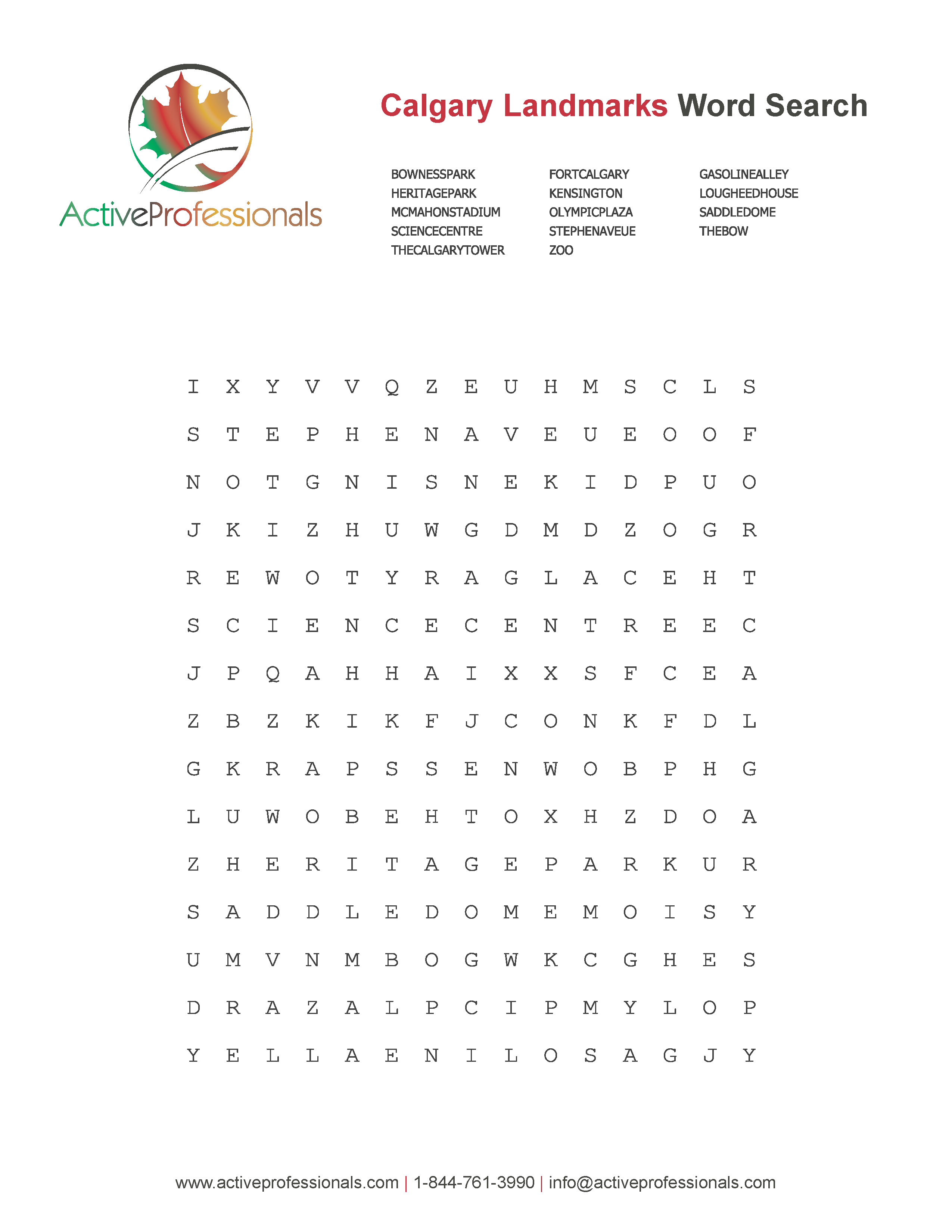 Word Search: Calgary Landmarks